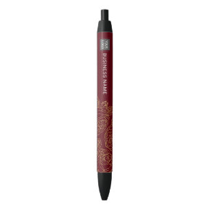 Custom Logo Modern Gold Floral Pattern Burgundy Black Ink Pen