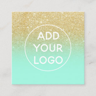 Custom logo modern gold glitter mint green ombre square business card