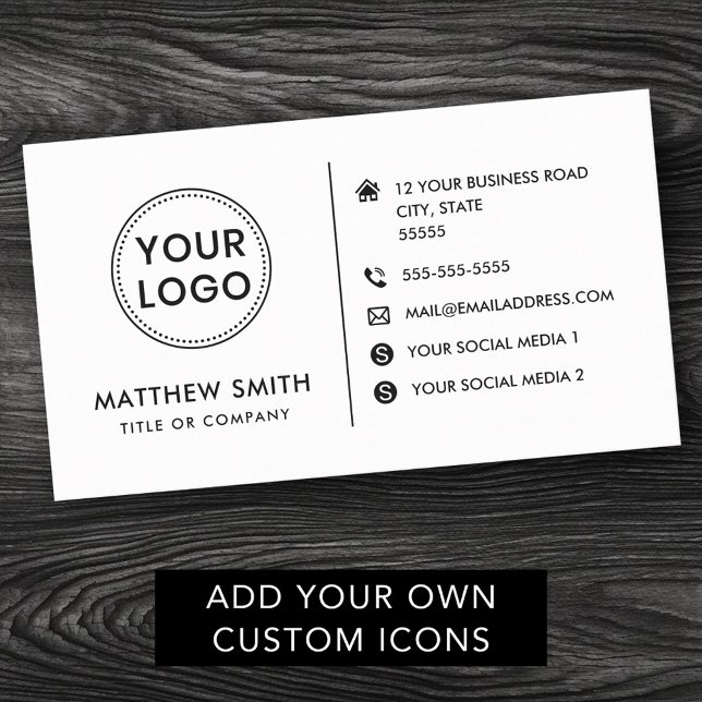 Custom logo modern minimalist social media icons business card (Modern, minimal white or any color business card template with your logo)