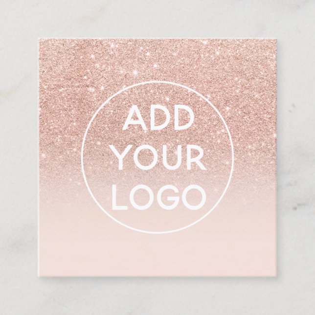 Custom logo modern rose gold glitter blush ombre square business card (Front)