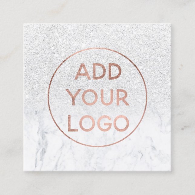 Custom logo modern rose gold glitter white marble square business card (Front)