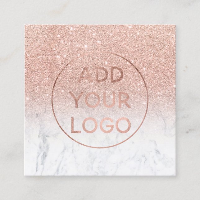 Custom logo modern rose gold glitter white marble square business card (Front)
