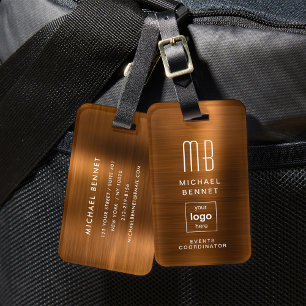 Custom Logo Monogram Copper Brown Brushed Metal Luggage Tag