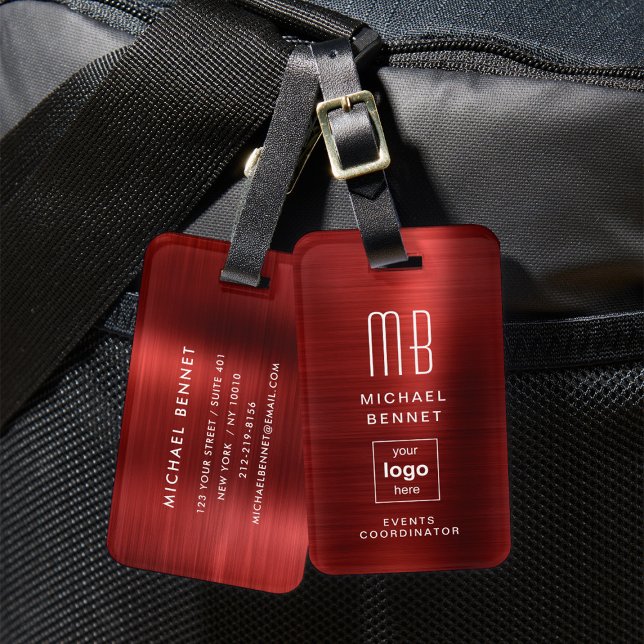 Custom Logo Monogrammed Red Brushed Metal  Luggage Tag (Custom Logo Monogram Purple Brushed Metal Luggage Tag)