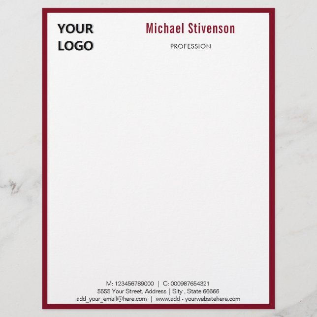 Custom Logo Name Address Text Info Letterhead (Front)