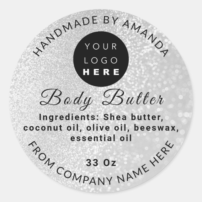 Custom Logo Name BodyButter Cosmetics Glitter Grey Classic Round Sticker (Front)