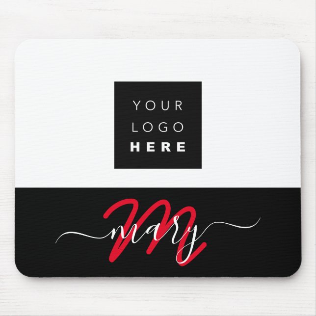 Custom Logo Name Monogram Black White Red Mouse Mat (Front)
