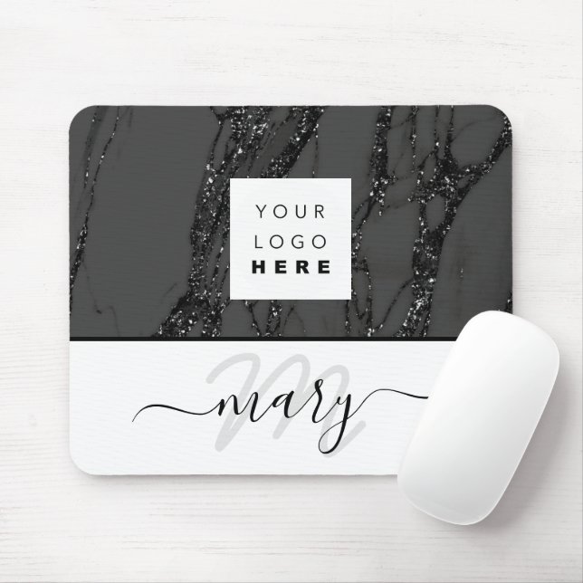 Custom  Logo Name Monogram Marble Black WHite Mouse Mat (With Mouse)
