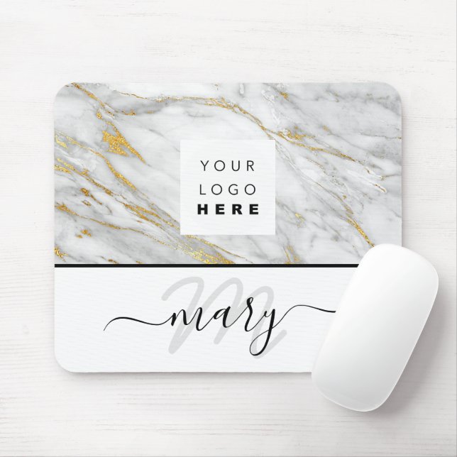 Custom  Logo Name Monogram Marble Gold Grey White Mouse Mat (With Mouse)