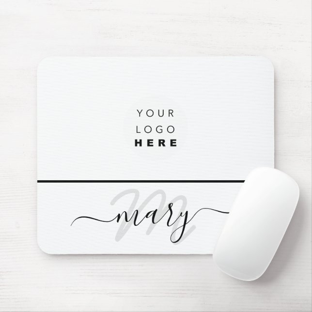 Custom  Logo Name Monogram Minimal Black White Mouse Mat (With Mouse)