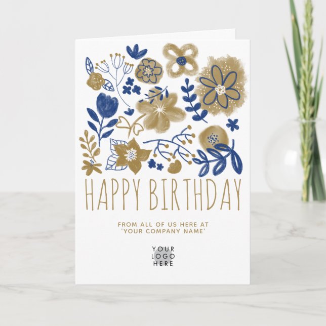 Custom Logo Navy Blue Gold Flowers Happy Birthday  Card (Front)