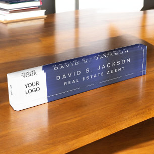 Custom Logo Navy Blue Metallic Professional Nameplate