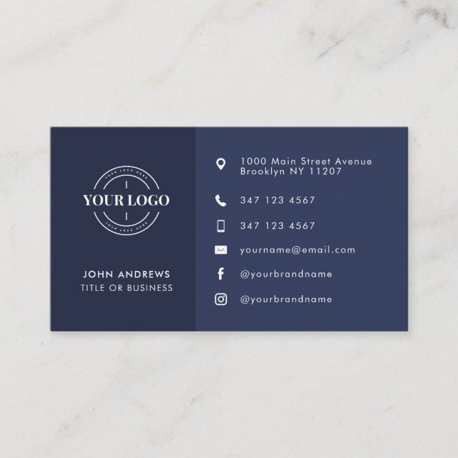 Custom Logo Navy Blue Modern Icons Social Media Business Card (Front)