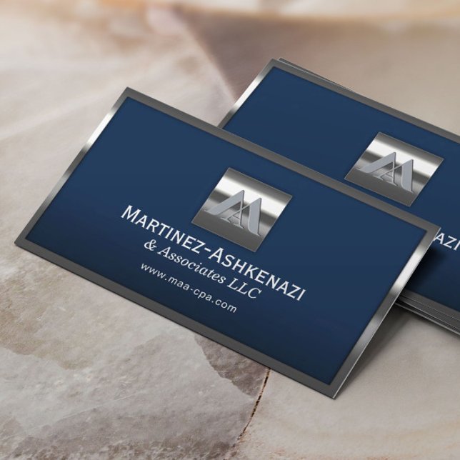 Custom Logo Navy Blue Modern Metal Frame Business Card (Creator Uploaded)