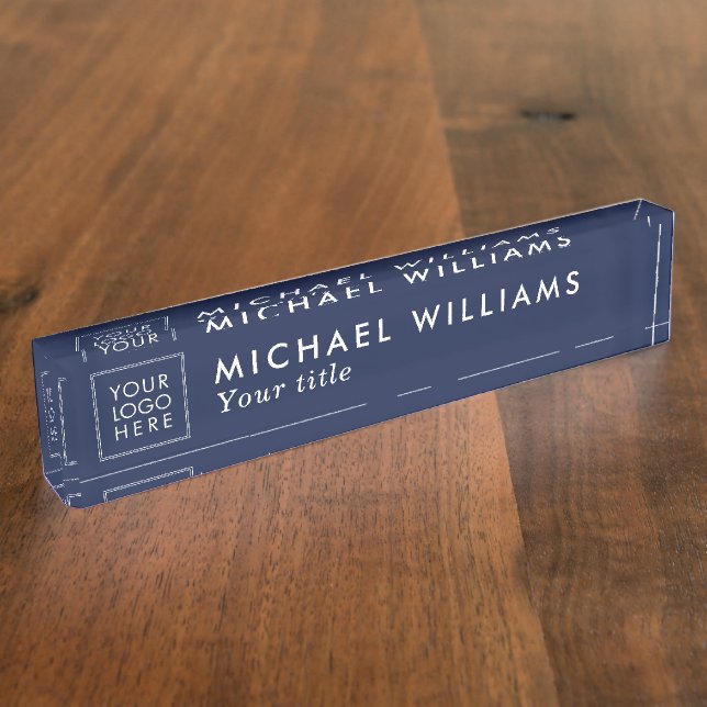 Custom Logo Navy Blue Name Title Modern Simple Nameplate (Side)