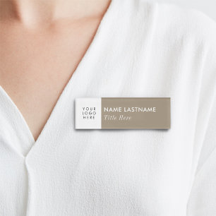 Custom Logo Neutral Beige Tan Elegant White Title Name Tag