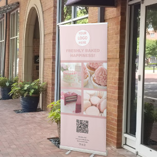 Custom Logo Photo Collage QR Bakery Business Pink Retractable Banner