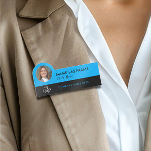 Custom Logo Photo ID Title Sky Blue Black Business Name Tag