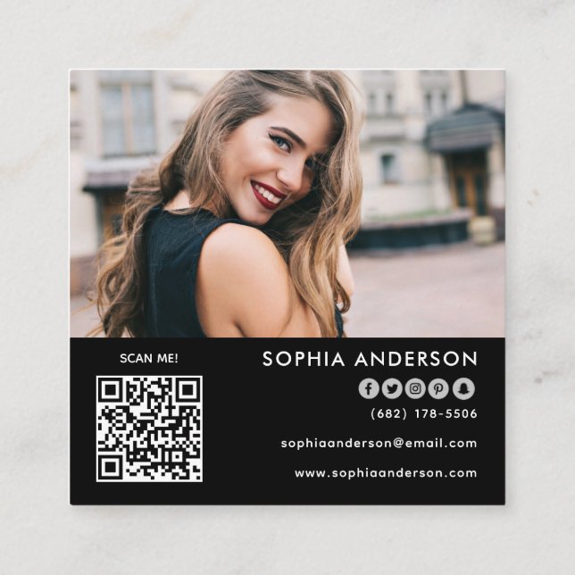Custom logo photo QR code Modern social media Square Business Card (Back)