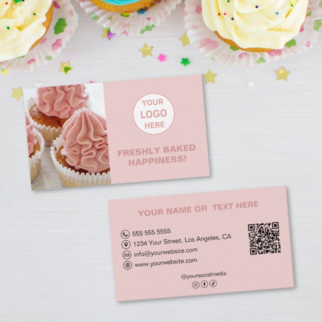 Custom Logo Photo QR Pink Bakery Business Card (Custom Logo Photo QR Pink Bakery Business Card)