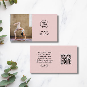 Custom Logo Photo QR Yoga Instructor Teacher Pink Business Card