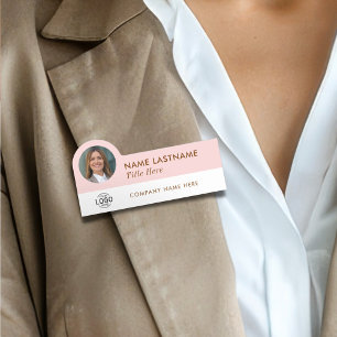 Custom Logo Photo Title Blush Pink White Employee Name Tag