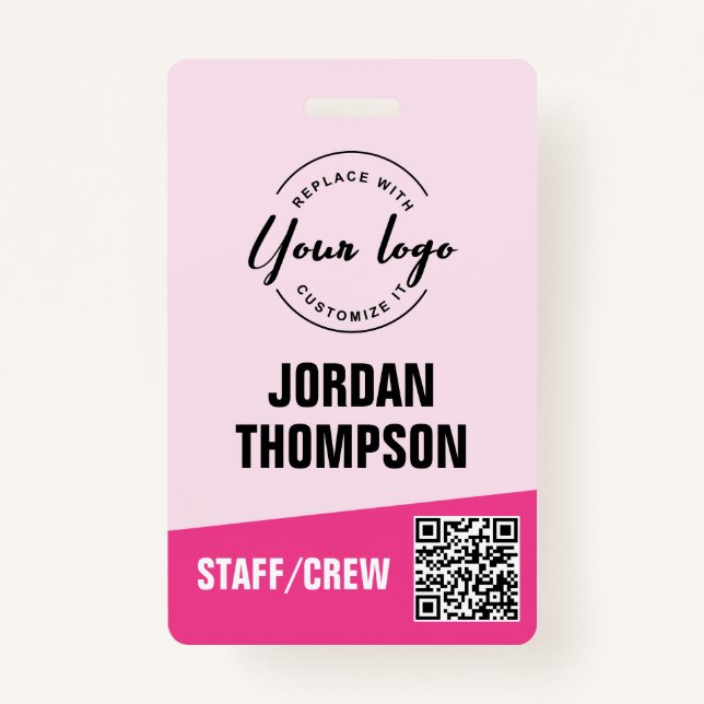 Custom logo pink corporate event QR code ID Badge (Front)