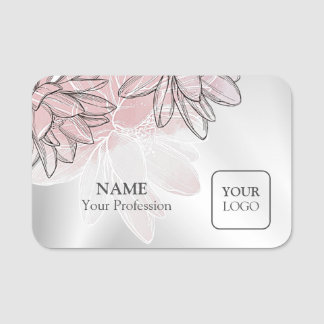 Custom Logo Pink White Flowers Watercolor Silver Name Tag