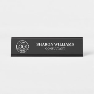 Custom Logo   Professional  Black White Minimalist Desk Name Plate