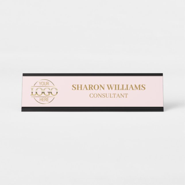 Custom Logo | Professional Blush Pink Minimalist Desk Name Plate (Front)