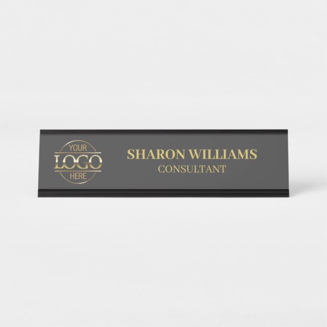 Custom Logo | Professional  Grey Gold Minimalist D Desk Name Plate (Front)