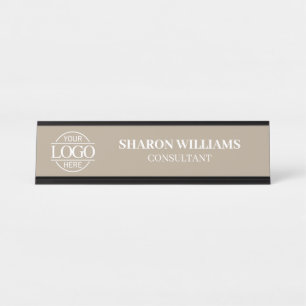 Custom Logo Professional Taupe Beige Minimalist Desk Name Plate