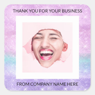 Custom Logo Purple Ombre QRCode Name Thank Photo  Square Sticker