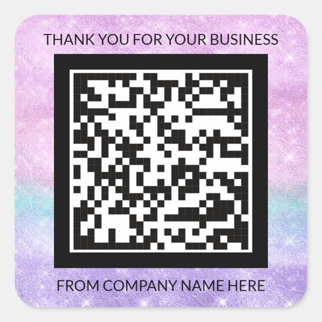 Custom Logo Purple Pink QRCode Name Thank Business Square Sticker (Front)