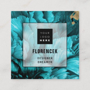 Custom Logo QR CODE Beautique  Floral Teal Blue Square Business Card
