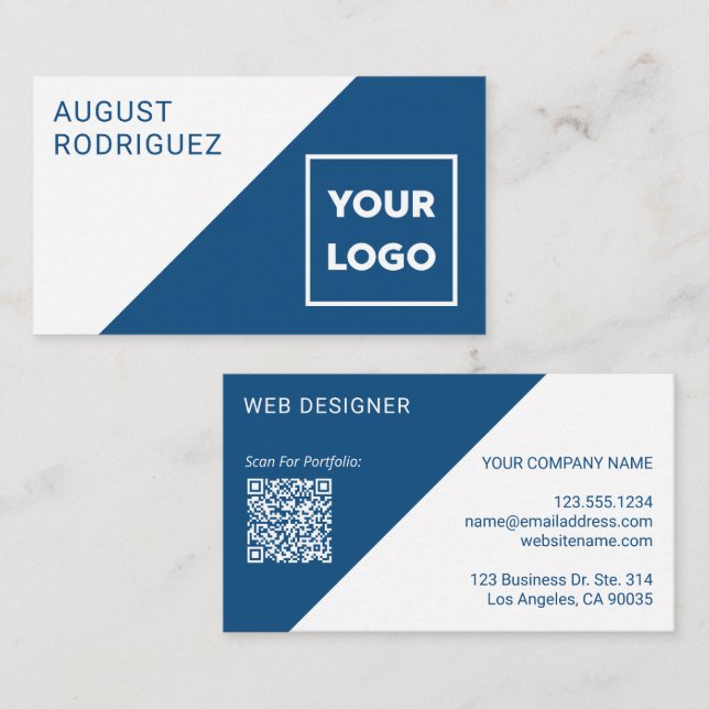 Custom Logo QR Code Blue White Geometric Business Card (Front/Back)