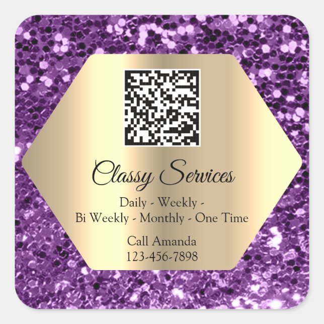 Custom Logo QR Code Gold Frame Name Purple Square Sticker (Front)