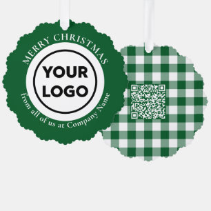 Custom Logo QR Code Green White Gingham Christmas Tree Decoration Card