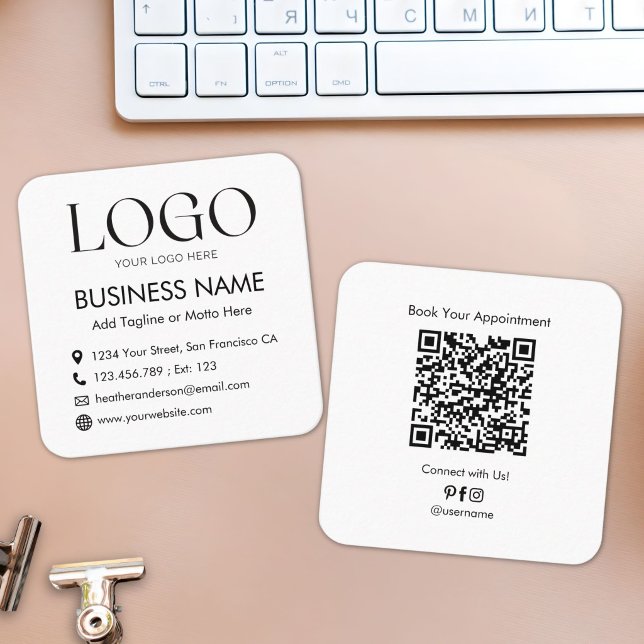 Custom Logo QR Code Modern Minimalist Black White Square Business Card (Creator Uploaded)