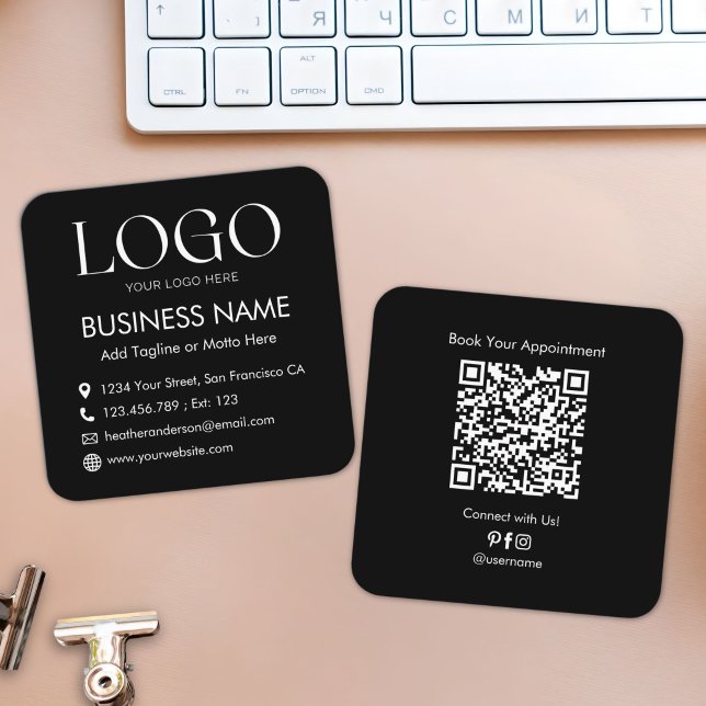 Custom Logo QR Code Modern Minimalist Black White Square Business Card (Creator Uploaded)