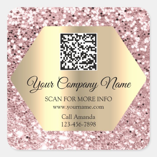 Custom Logo QR Code Promotional Gold Pink Rose Square Sticker (Front)
