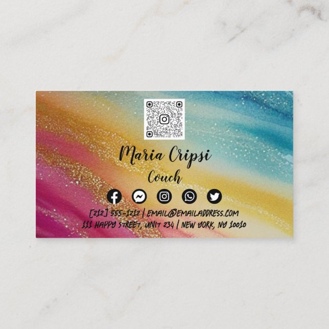 Custom Logo QR Code Rainbow Gold Social Media Business Card (Back)