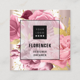 Custom Logo QR CODE Rose Gold Floral Beauty Square Business Card