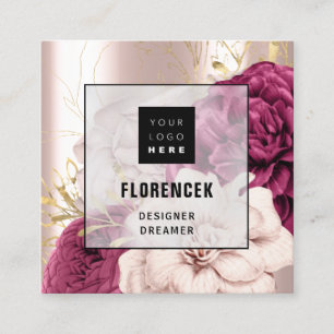 Custom Logo QR CODE Rose Gold Floral Marsala Square Business Card