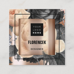 Custom Logo QR CODE Rose Gold Frame Floral Elegant Square Business Card