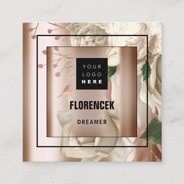 Custom Logo QR CODE Rose Gold Frame FLowers Square Business Card (Front)