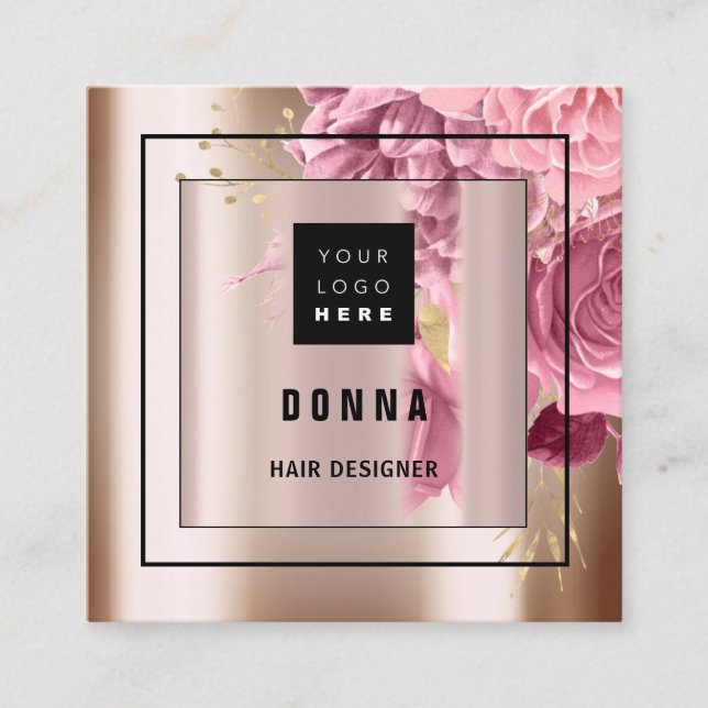 Custom Logo QR CODE Rose Gold Framed Floral  Square Business Card (Front)