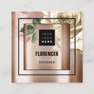 Custom Logo QR CODE Rose Gold Green Ivory Square Business Card