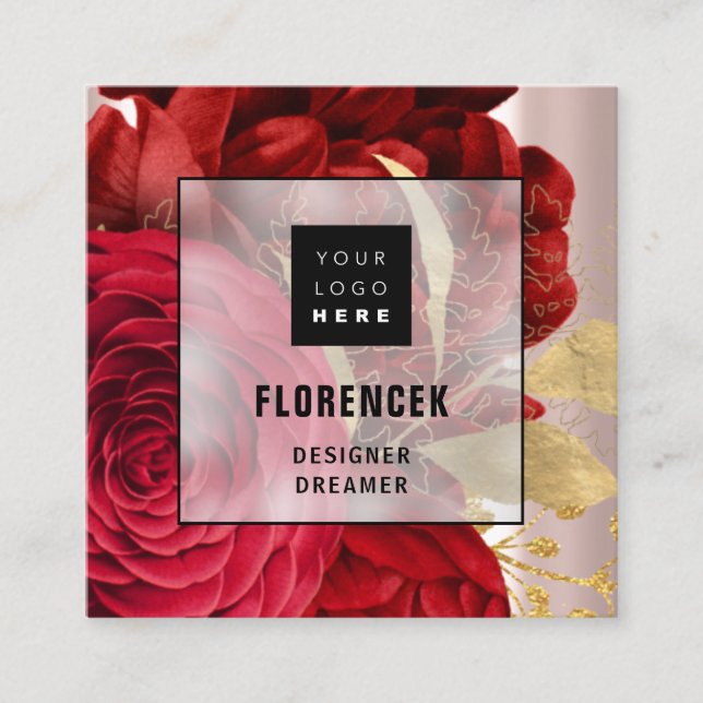 Custom Logo QR CODE Rose Red Gold Floral  Square Business Card (Front)