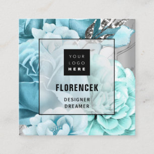 Custom Logo QR CODE Silver Grey Floral Aqua Blue  Square Business Card